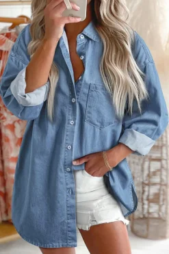 Best Dear-Lover Solid Color Oversized Patched Pocket Buttoned Shirt Beau Blue