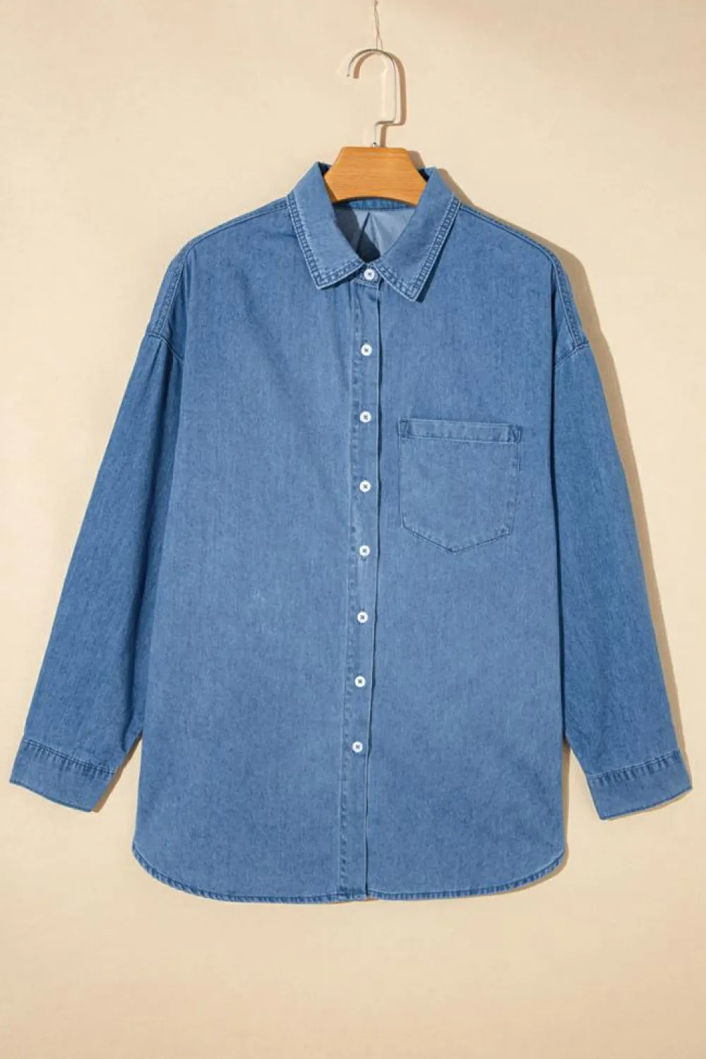Best Dear-Lover Solid Color Oversized Patched Pocket Buttoned Shirt Beau Blue