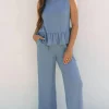 Outlet Dear-Lover Solid Color Ribbed Ruffle Tank Top and Pants Set Beau Blue