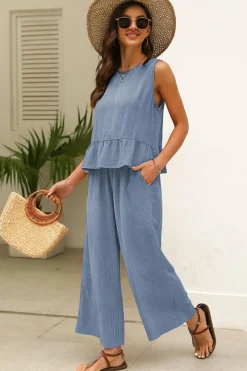 Outlet Dear-Lover Solid Color Ribbed Ruffle Tank Top and Pants Set Beau Blue
