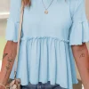 Fashion Dear-Lover Solid Color Textured Frilly Ruffle Patchwork Blouse Beau Blue