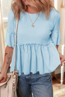 Fashion Dear-Lover Solid Color Textured Frilly Ruffle Patchwork Blouse Beau Blue