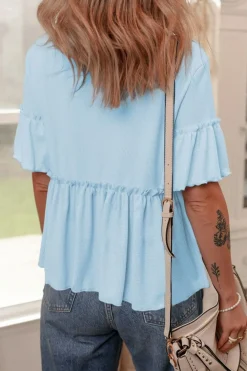 Fashion Dear-Lover Solid Color Textured Frilly Ruffle Patchwork Blouse Beau Blue