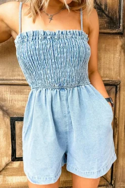Clearance Dear-Lover Spaghetti Strap Smocked Denim Romper Beau Blue