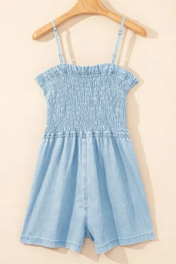 Clearance Dear-Lover Spaghetti Strap Smocked Denim Romper Beau Blue