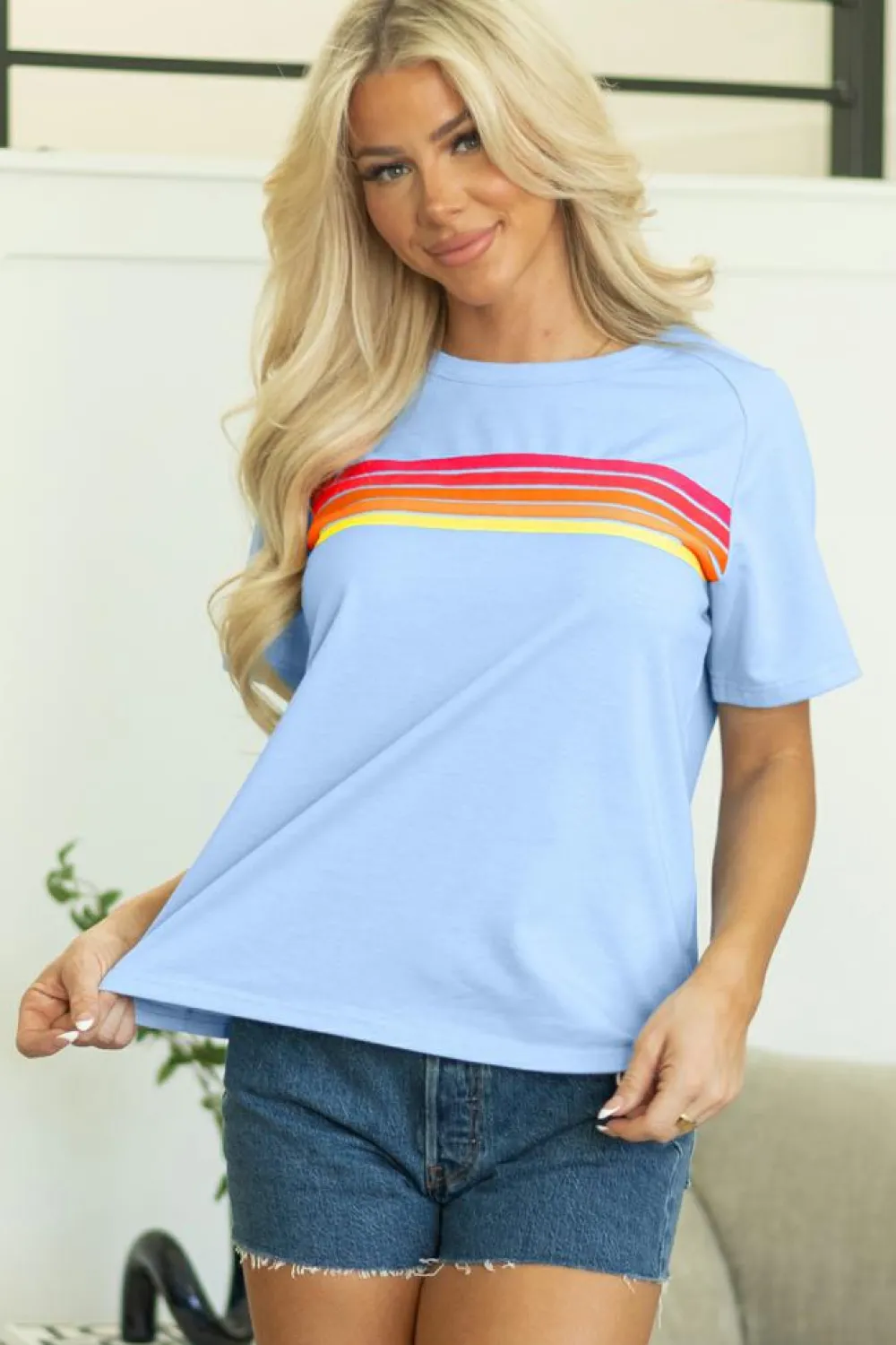 Discount Dear-Lover Striped Patch Front Casual Tee Beau Blue