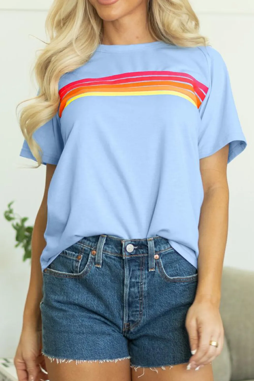 Discount Dear-Lover Striped Patch Front Casual Tee Beau Blue