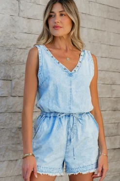 Sale Dear-Lover Studded V Neck Raw Hem Sleeveless Denim Romper Beau Blue