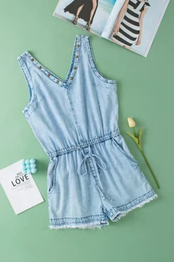 Sale Dear-Lover Studded V Neck Raw Hem Sleeveless Denim Romper Beau Blue