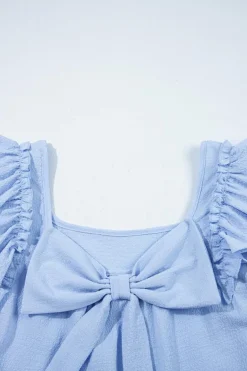 New Dear-Lover Textured Bow Knot Frilled Butterfly Sleeve Blouse Beau Blue