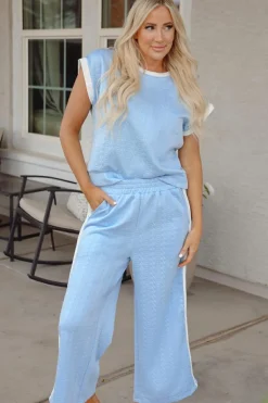 New Dear-Lover Textured Colorblock Edge Tank Top High Waist Pants Set Beau Blue