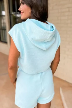 Sale Dear-Lover Textured Cropped Hoodie and Shorts Set Beau Blue