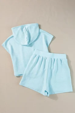 Sale Dear-Lover Textured Cropped Hoodie and Shorts Set Beau Blue
