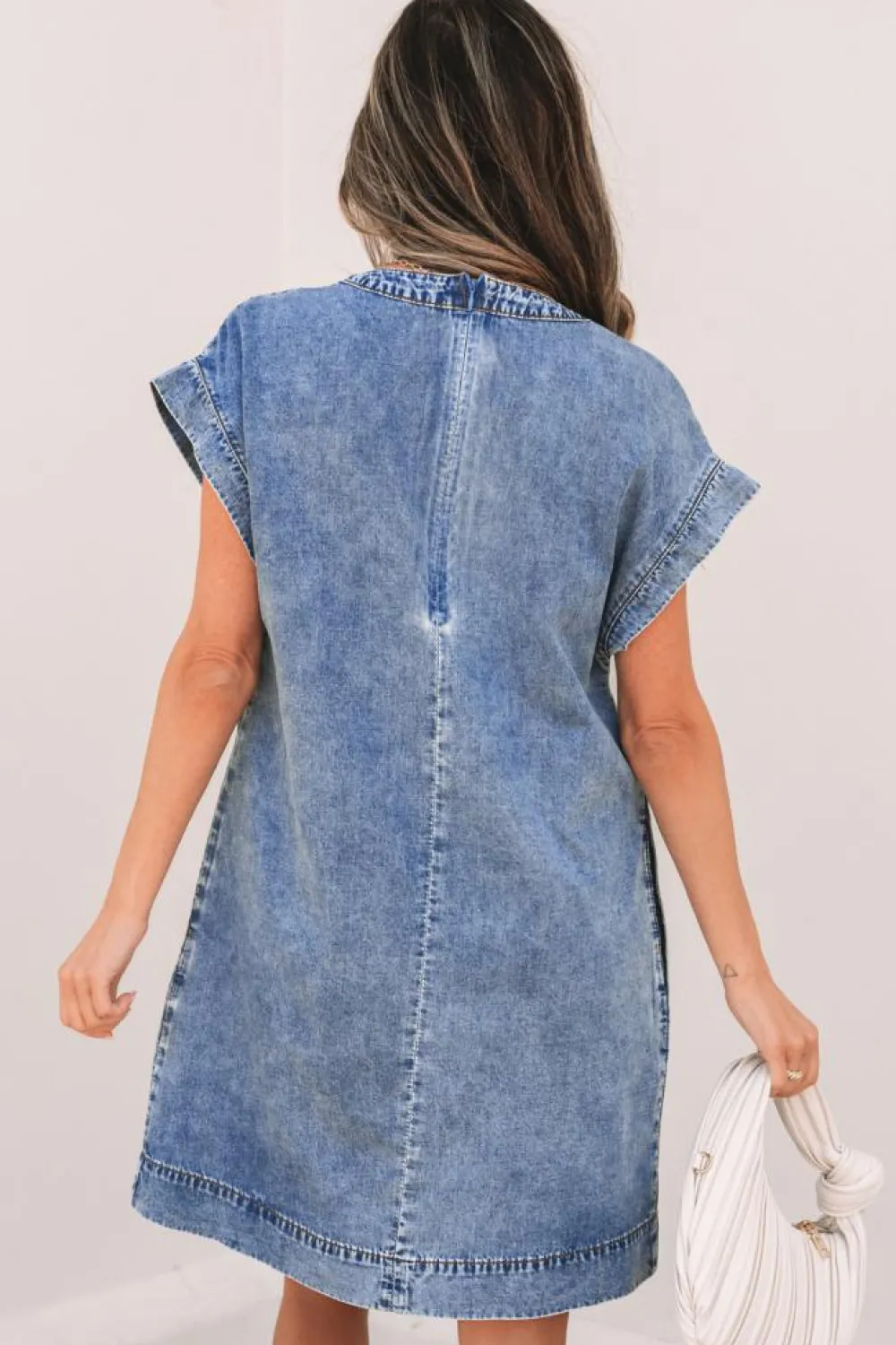 Online Dear-Lover Tie V Neck Tucking Detail Short Sleeve Denim Shift Dress Beau Blue