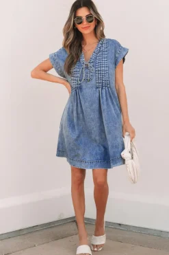Online Dear-Lover Tie V Neck Tucking Detail Short Sleeve Denim Shift Dress Beau Blue