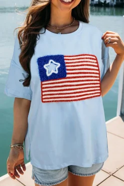 Discount Dear-Lover Tinsel American Flag Graphic Drop Shoulder T-shirt Beau Blue