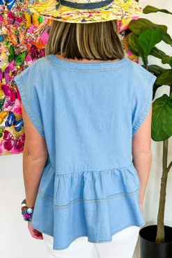 Best Dear-Lover Trendy Stitching Detail Denim Peplum Top Beau Blue