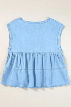 Best Dear-Lover Trendy Stitching Detail Denim Peplum Top Beau Blue