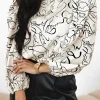 Outlet Dear-Lover Abstract Print Balloon Sleeve Crew Neck Blouse Beige