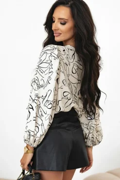 Outlet Dear-Lover Abstract Print Balloon Sleeve Crew Neck Blouse Beige