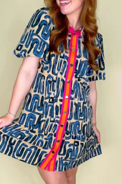 Best Dear-Lover Abstract Print Bubble Sleeve Button up Mini Dress Beige