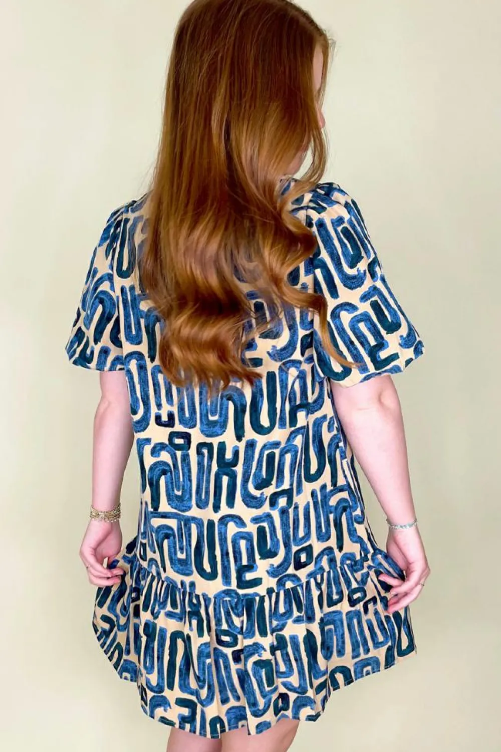 Best Dear-Lover Abstract Print Bubble Sleeve Button up Mini Dress Beige