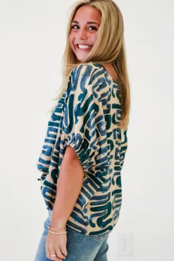 Hot Dear-Lover Abstract Print Short Sleeve Loose Top Beige