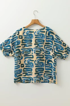 Hot Dear-Lover Abstract Print Short Sleeve Loose Top Beige