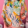 New Dear-Lover Abstract Smocked Ruffled Lantern Sleeve High Neck Shirt Beige