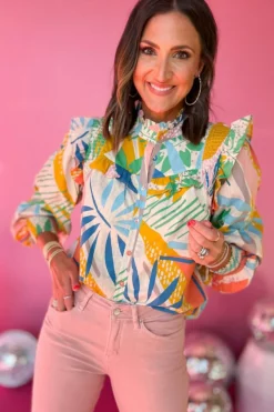 New Dear-Lover Abstract Smocked Ruffled Lantern Sleeve High Neck Shirt Beige