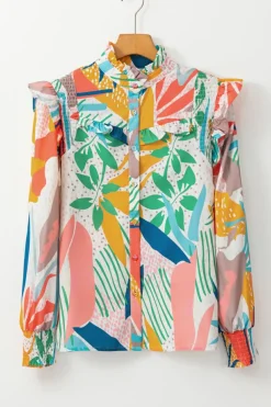 New Dear-Lover Abstract Smocked Ruffled Lantern Sleeve High Neck Shirt Beige
