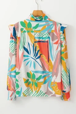 New Dear-Lover Abstract Smocked Ruffled Lantern Sleeve High Neck Shirt Beige