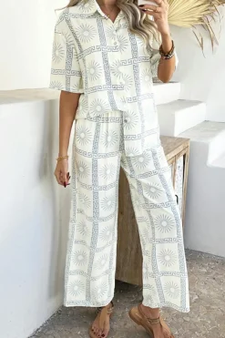 Outlet Dear-Lover Astra Print Half Sleeve Shirt and Pants Set Beige