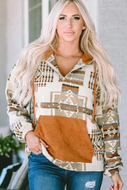 Sale Dear-Lover Aztec Print Kangaroo Pocket Half-Zip Hoodie Beige