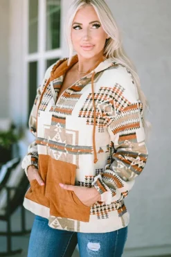 Sale Dear-Lover Aztec Print Kangaroo Pocket Half-Zip Hoodie Beige