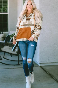 Sale Dear-Lover Aztec Print Kangaroo Pocket Half-Zip Hoodie Beige
