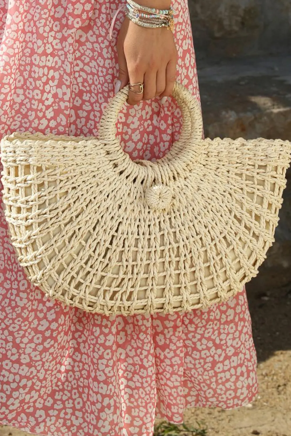 Outlet Dear-Lover Bamboo Weaving Semicircle Tote Handbag Beige