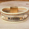 Hot Dear-Lover BLESSED Rhinestone Braided Detail Buckle Bracelet Beige