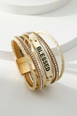 Hot Dear-Lover BLESSED Rhinestone Braided Detail Buckle Bracelet Beige