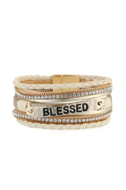 Hot Dear-Lover BLESSED Rhinestone Braided Detail Buckle Bracelet Beige