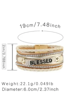 Hot Dear-Lover BLESSED Rhinestone Braided Detail Buckle Bracelet Beige