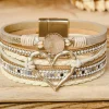 New Dear-Lover Bohemian Heart Rhinestone Magnetic Buckle Bracelet Beige