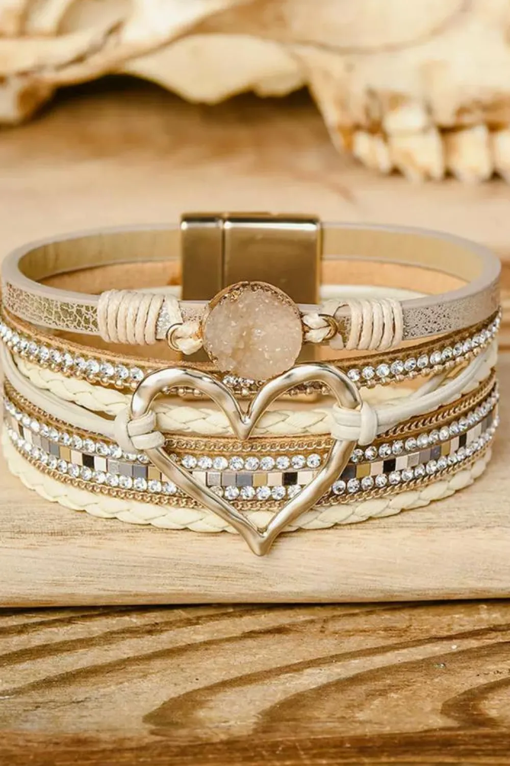 New Dear-Lover Bohemian Heart Rhinestone Magnetic Buckle Bracelet Beige