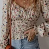 Fashion Dear-Lover Boho Floral Print Smocked Waist V Neck Blouse Beige