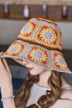 Discount Dear-Lover Boho Flower Crochet Wide Brim Buckle Hat Beige