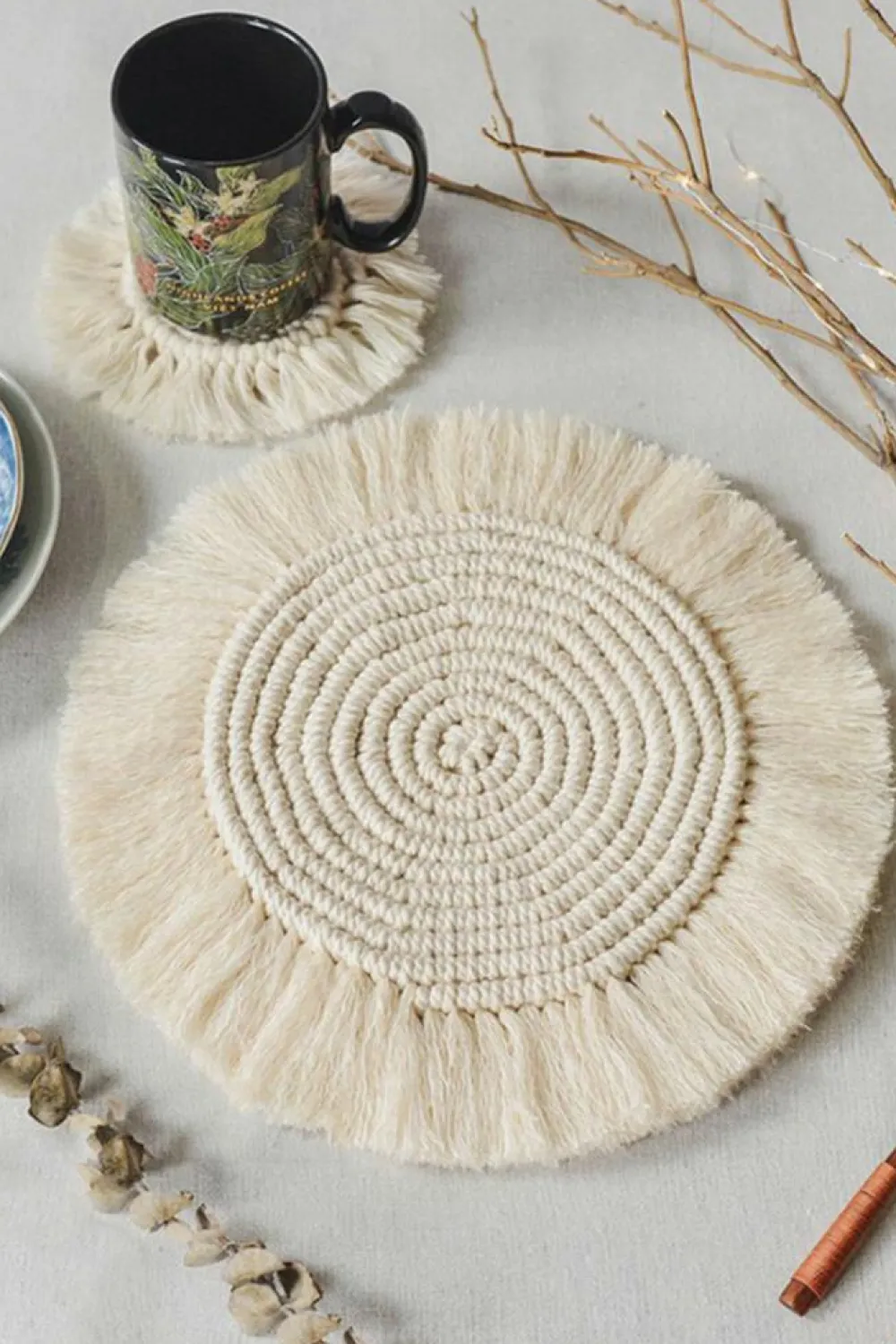 Discount Dear-Lover Boho Tassel Macrame Coaster 15cm Beige