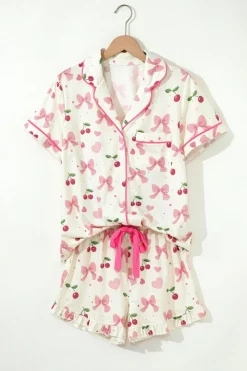 Hot Dear-Lover Bow Fruit Print Contrast Pipping Short Pajamas Set Beige