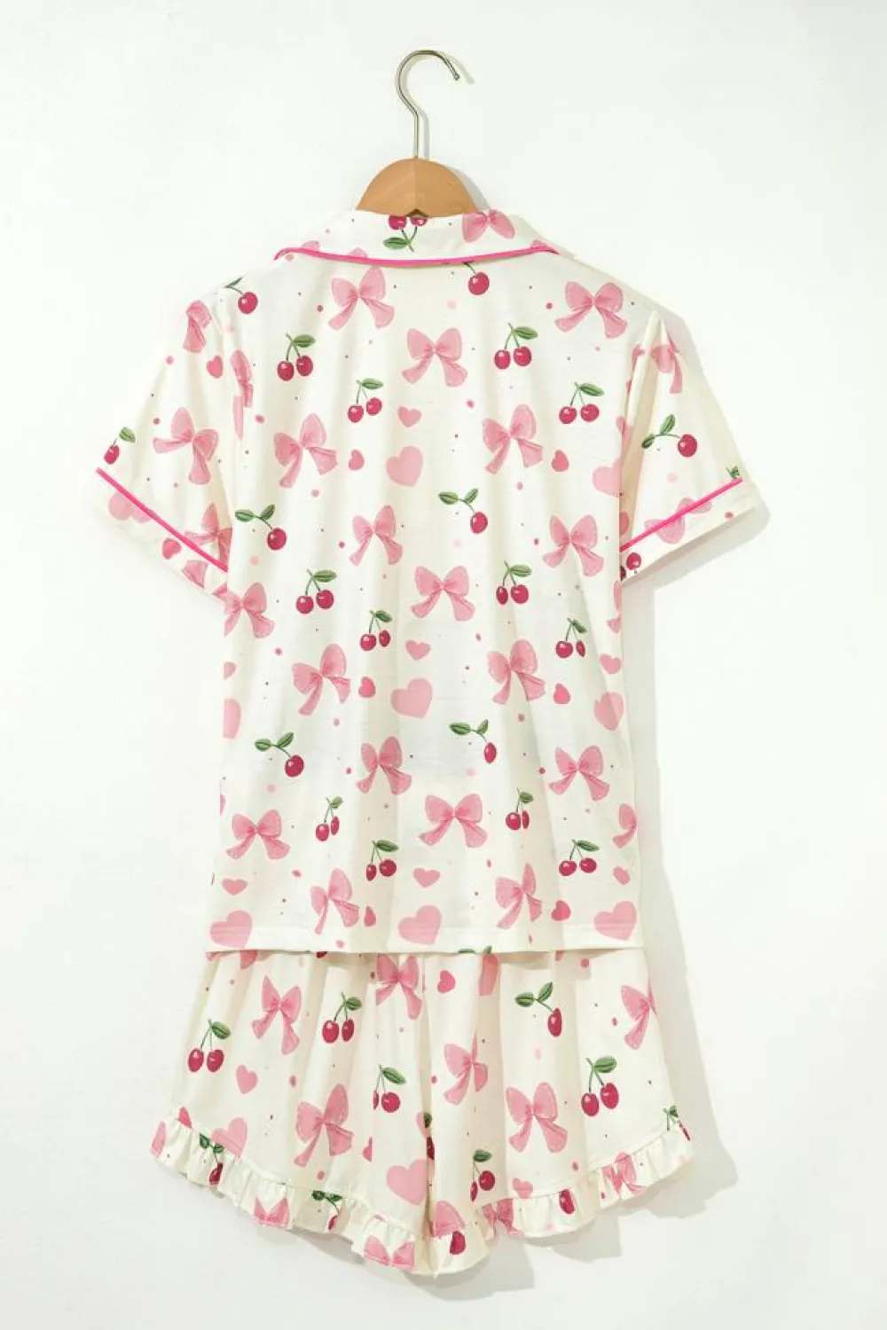 Hot Dear-Lover Bow Fruit Print Contrast Pipping Short Pajamas Set Beige