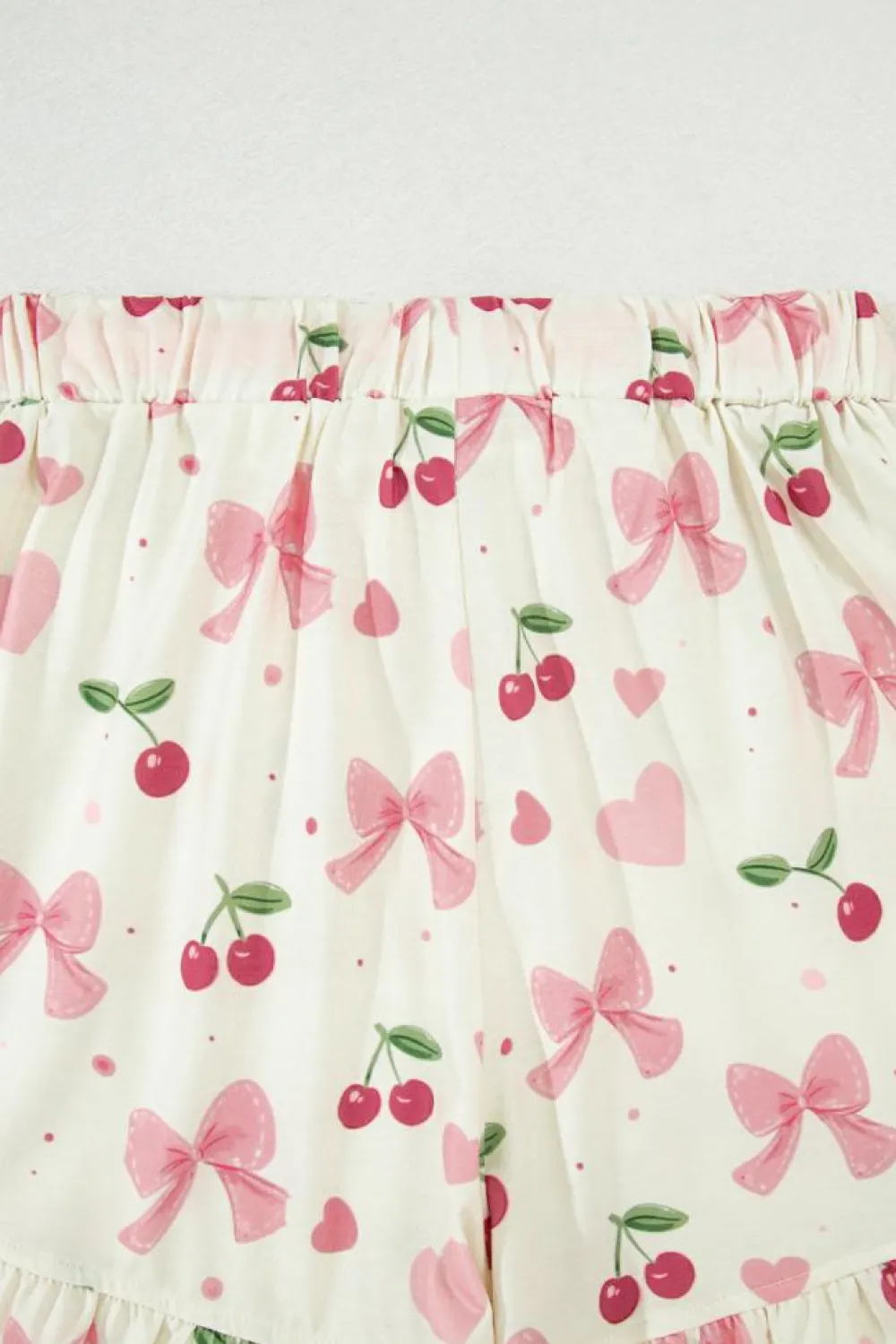 Hot Dear-Lover Bow Fruit Print Contrast Pipping Short Pajamas Set Beige