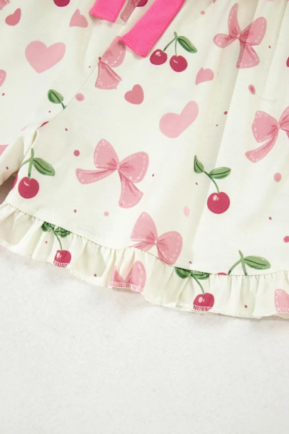 Hot Dear-Lover Bow Fruit Print Contrast Pipping Short Pajamas Set Beige